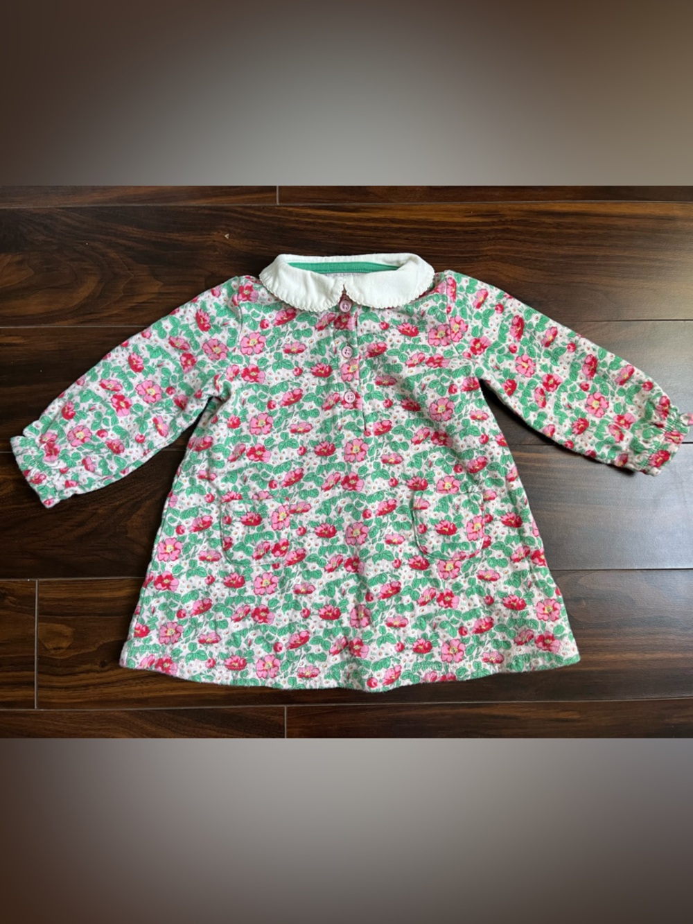 Baby Boden Pink, Red, & Green Floral Long Sleeve Dress w/ Collar, 9-12 Months